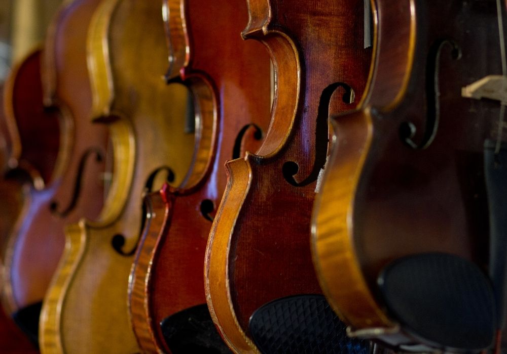 A different types of violins hanging on the wall