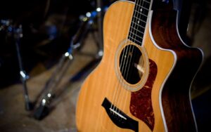 A close-up of a semi-acoustic guitar