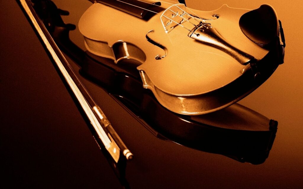 A violin bow next to a violin instrument