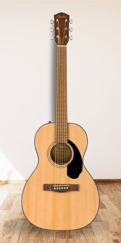 Fender CP-60S Parlor Acoustic Guitar on studio hardwood floor with white wall as the background