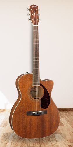 Fender PM-3 Acoustic Guitar on wood floor with white wall background