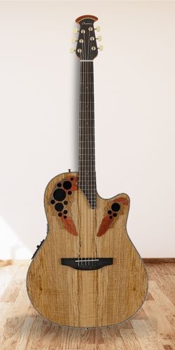 Ovation Celebrity Elite Exotic On Wood Floor With White Wall Background