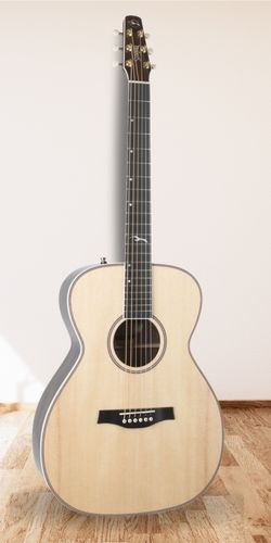 Seagull Artist Studio CH HG Acoustic Guitar on Wood Floor with White Wall Background
