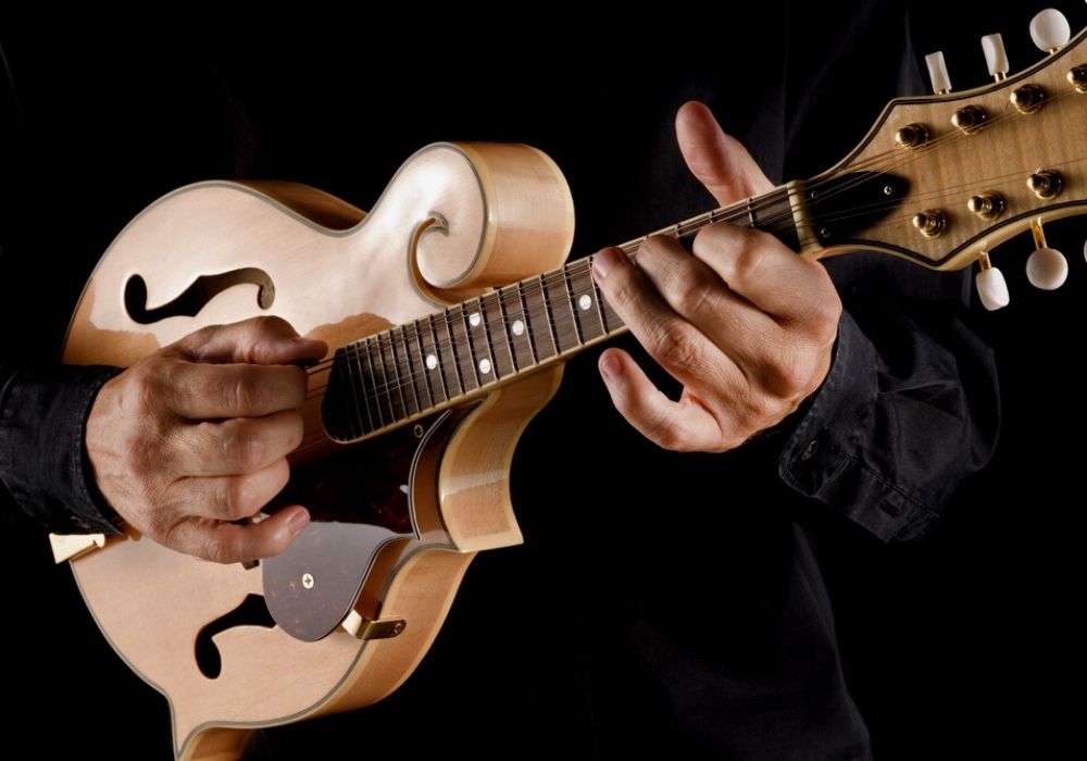 A bluegrass musician playing a mandolin