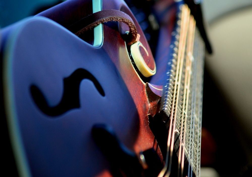 a close up mandolin instrument on a bright background