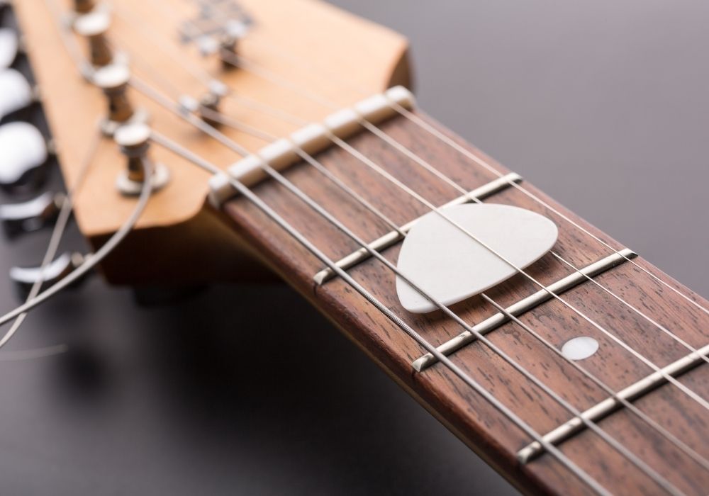 close up of an electric guitar pick