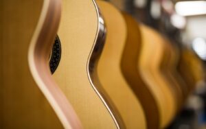 Close up view of acoustic guitars in row.