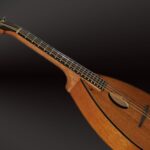 A closer look at the Big Muddy M-11 mandolin on a black background.