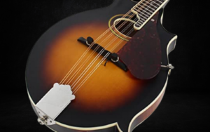 A Gretsch G9350 mandolin on a black background.