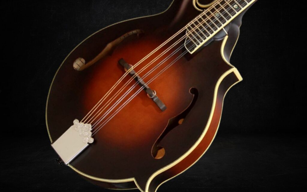 A close look at the J Bovier F5-T mandolin on a black background.